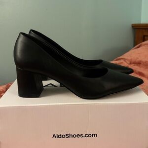 Aldo Black Leather, Pointed Toe, Block Heel Shoes